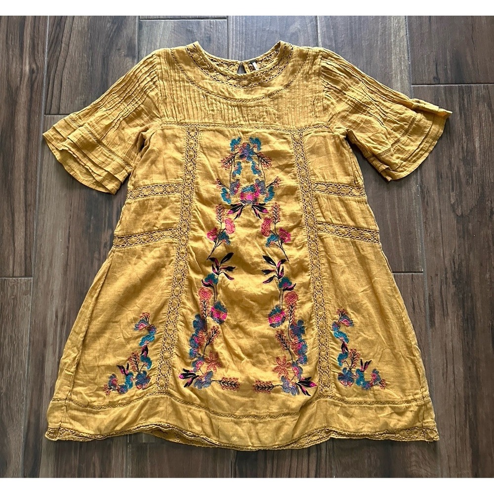 Free People Perfectly Victorian Mustard‎ Floral Embroidered Mini Dress Med Boho
